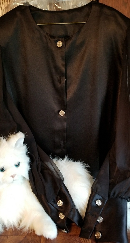 Anna G black button down w sheer sleeves